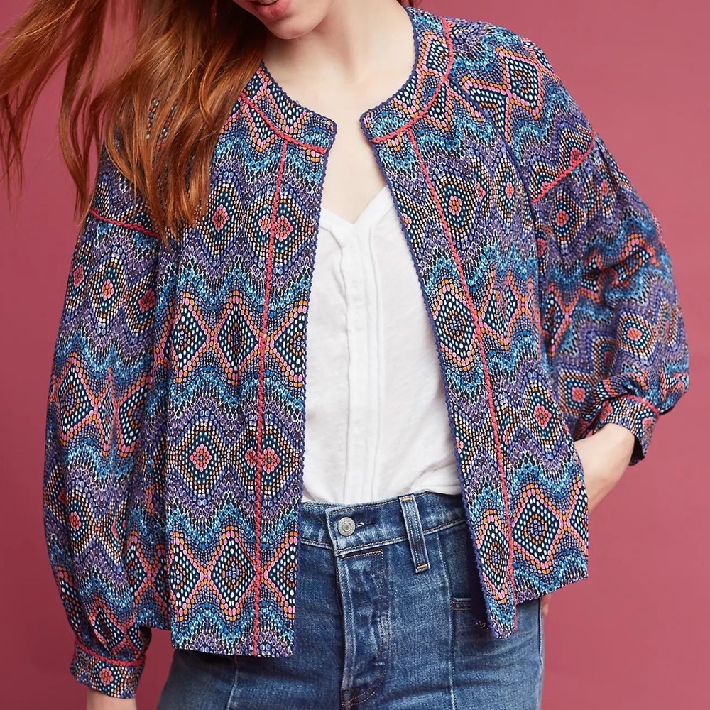 Anthropologie Boho Colorful Cynthia Printed Open Front Cardigan Jacket Size XL